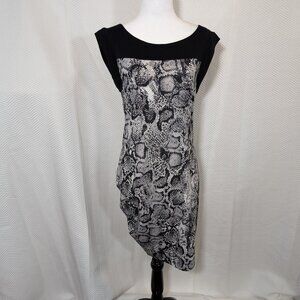 BCBGMaxAzria Delia Dress Snakeprint Ruched Side Black & Gray Stretch Size Medium